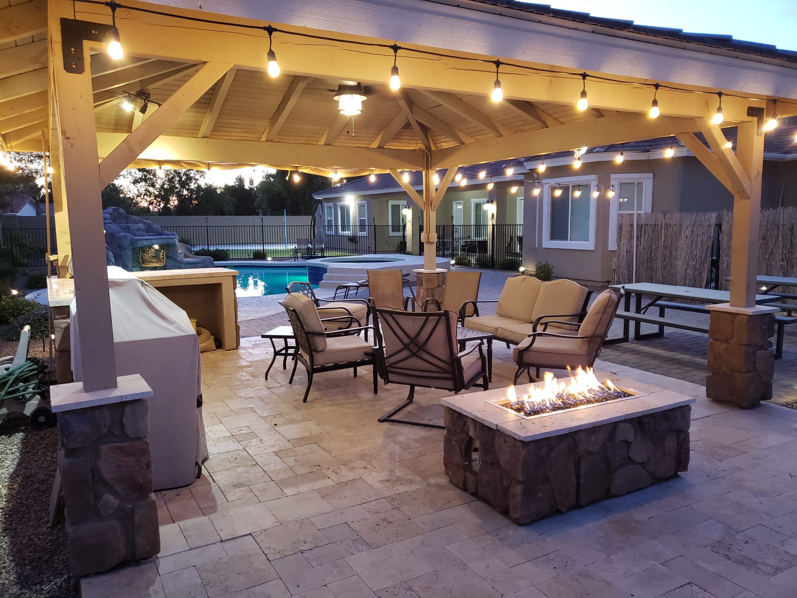 Custom home backyard pool pergola Idaho