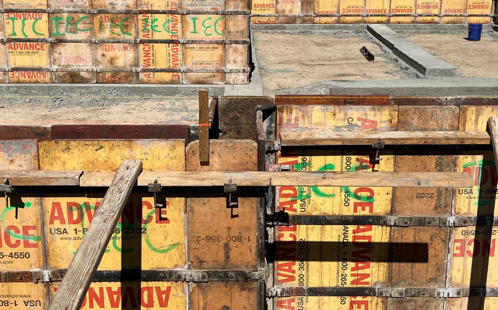 Close-up of foundation wall forms