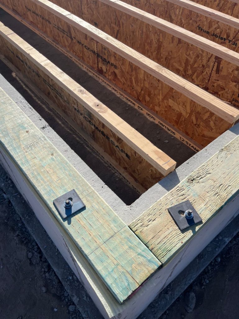 Sill plate anchored to the foundation with engineered floor joists