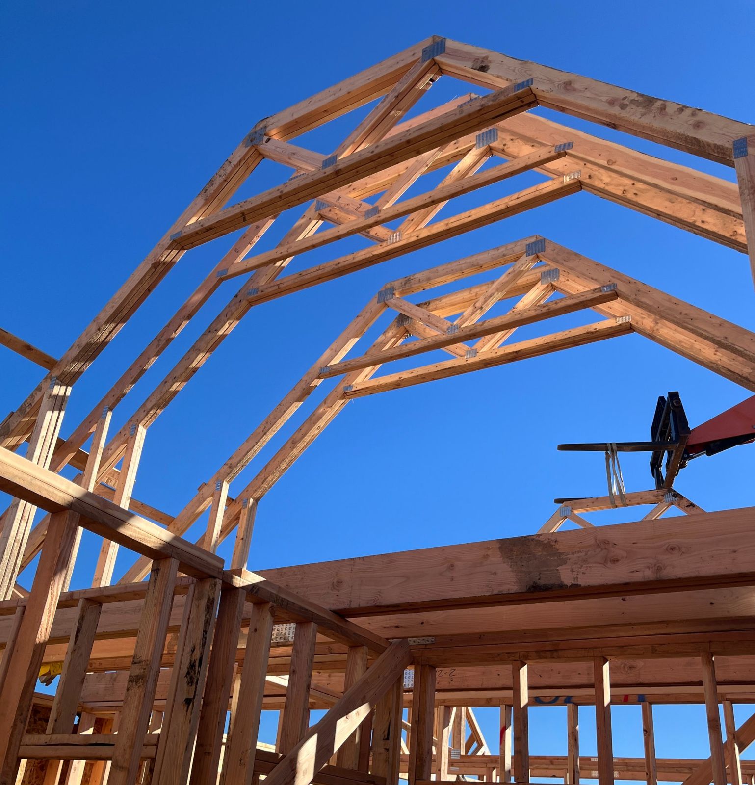 Roof trusses against the sky during framing